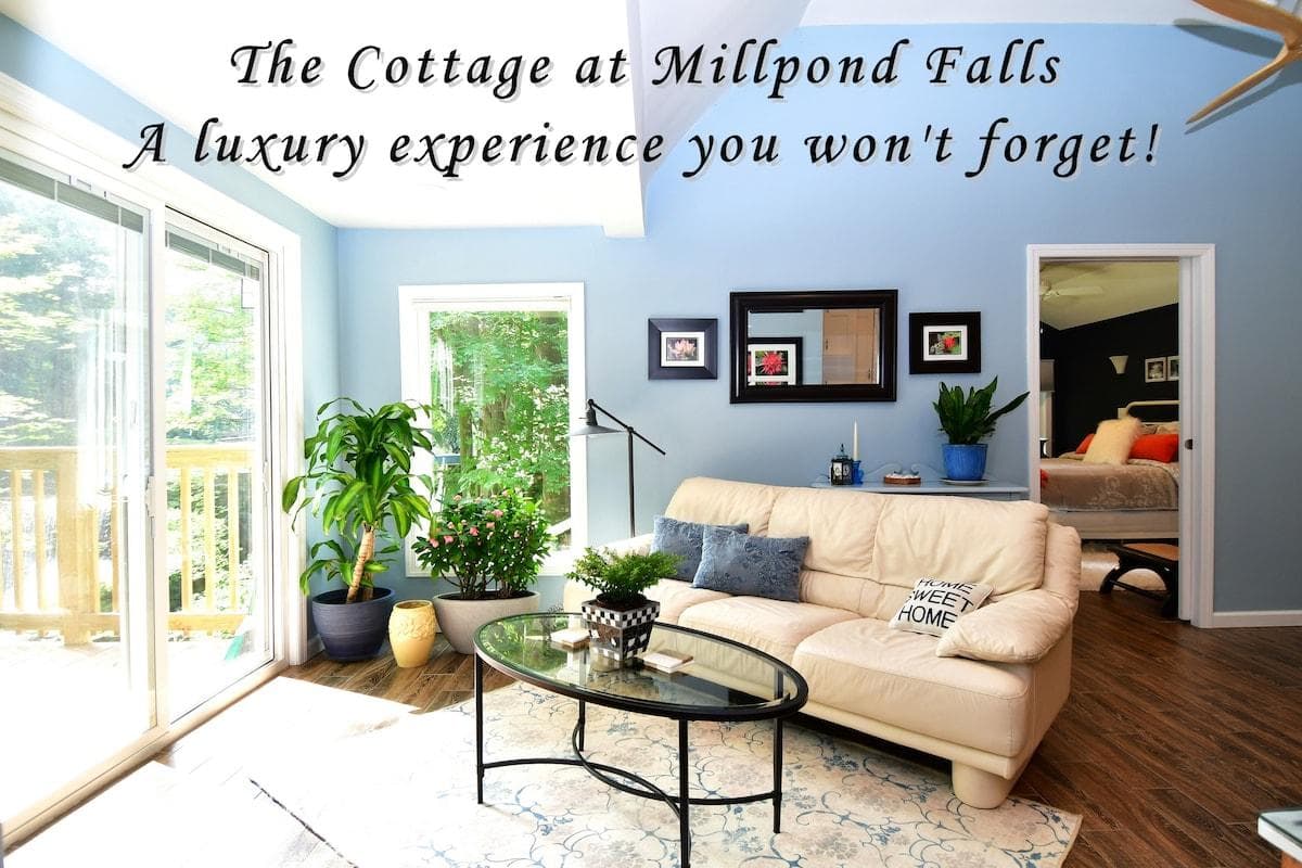 The Cottage at Millpond Falls is a romantic getaway -- an luxury experience you won't forget.  Nestled in a private setting, this 750-square foot cottage overlooks a waterfall.